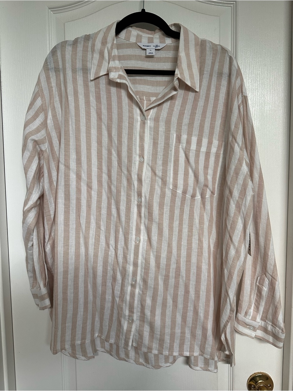 Old Navy Beige & White Vertical Stripe Button-Up Shirt